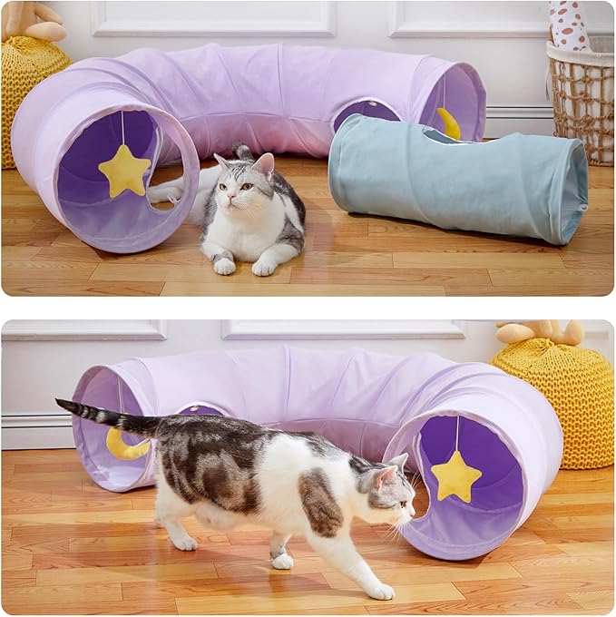 Cat Tunnel, Large Indoor Durable Collapsible Interactive Cat Tube with Peek-A-Boo Hole, Hanging Toys, and Crinkly Paper Lining - Cute Tunnel for Cats, Kittens, Puppies & Rabbits, Purple