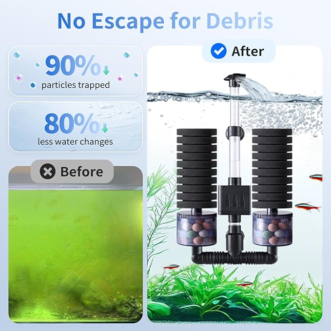 AQQA Electric Sponge Filter for Aquariums - Dual Bio & Mechanical Filtration, 8W 80 GPH Water Pump with Oxygenation & Water Circulation, Fits 15-55 Gallon Fish Tanks (110V/60Hz)
