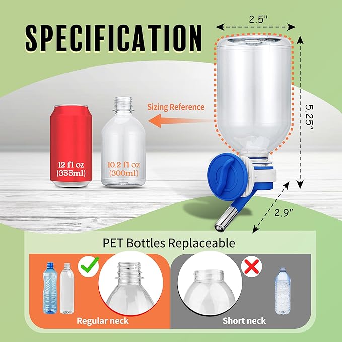 Choco Nose Patented Mini No-Drip Water Bottle/Feeder for Hamsters/Hedgehogs/Gliders/Rats/Mice/Other Small Pets and Animals - for Cages, Crates or Wall Mount. 10.2oz. Nozzle 10mm, Blue (C125)