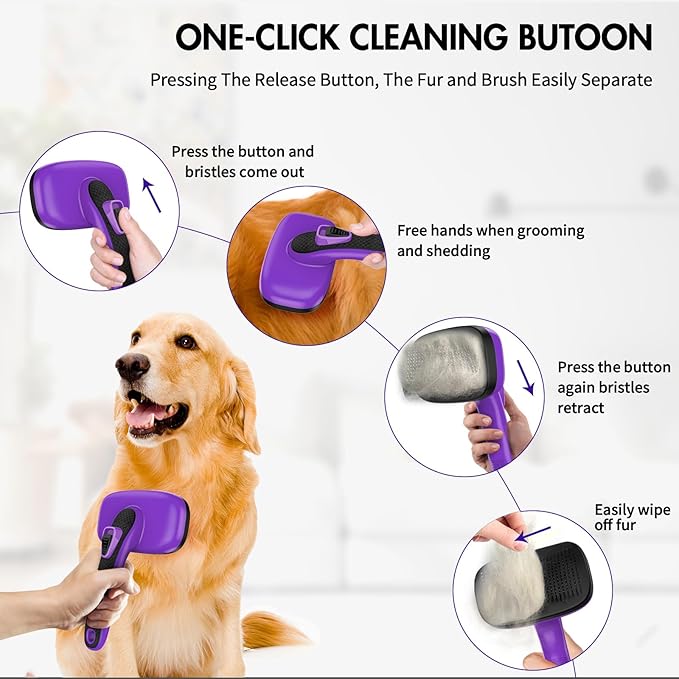 Dog Brush Kit - Self-Cleaning Slicker Brush with Bath Brush & Undercoat Rake | Deshedding Tools for Large - Small Dogs & Cats, Professional 3-in-1 Pet Grooming Set for Heavy Shedding, Purple