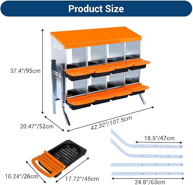 Chicken Nesting Boxes, 8 Hole Metal Chicken Laying Box with with Removable Trays and Roll Out Egg Collection for Chicken Coop, with Metal Bracket, Orange