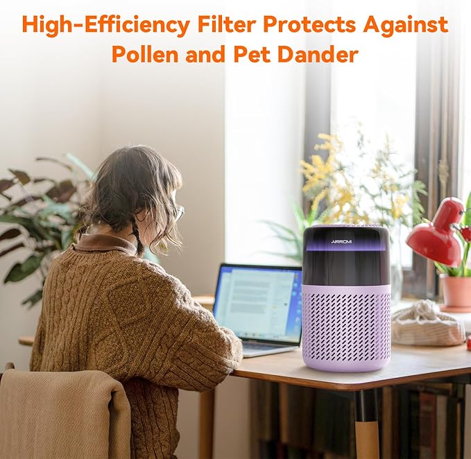 AIRROMI Air Purifier for Bedroom Home,HEPA Filter,Covers Upto 549 Ft²,Quiet 360°intake Air Cleaner with Fragrance ponge for Better Sleep,Night Light,Filters Smoke,Pet Dander,Allergies,Dust,A2005Purple