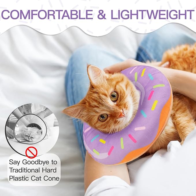 Cat Cone Collar Soft, Cute Cat Donut Collar After Surgery, Adjustable Kitten Recovery Cones to Stop Licking, Lightweight Neck Elizabethan Collars for Cats Kittens (Purple, Large)
