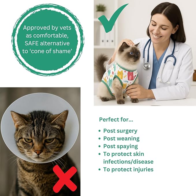 Cat Recovery Suit Surgical Onesie for Post Surgery/Neuter/Spay. Protection for Wounds and Skin infections for Male/Female Cats. Comfortable, Safe, (no Loose Cords) Cone Alternative. (Small)