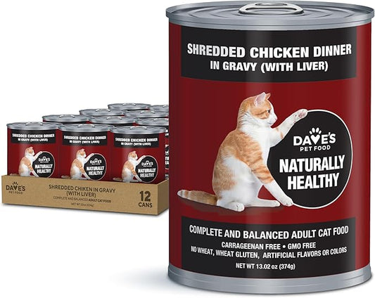 Dave's Pet Food Grain Free Wet Cat Food (Shredded Chicken in Gravy), Made in Canada Naturally Healthy Canned Cat Food, 13.2 oz (12 Pack)