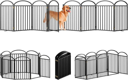 8 Panles Full Matel Freestanding Dog Gates with Door, 192"Extra Wide 32"Tall Free Standing Dog Pet Gate for Indoor & Outdoor. Foldable Pet Fences for Doorways, House, Stairs, Porch, Deck, Yard