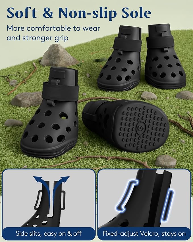 Dog Shoes for Hot Pavement, Breathable Dog Boots Paw Protectors with Adjustable Straps & Non-Slip Sole, Easy On & Off, Waterproof, Easy-Cleaning (Black, L)