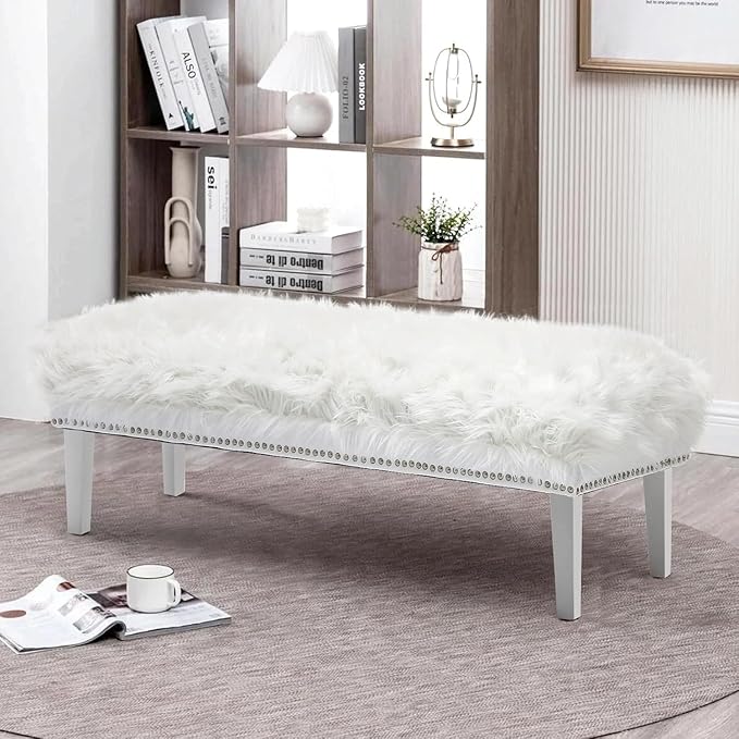 46 Inch White Bedroom Bench, Modern Multi-Purpose Bench with Wooden Legs, White Faux Fur Upholstered Bench for Bedroom, Living Room, or Entryway