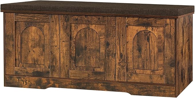 DINZI LVJ Shoe Bench, Entryway Storage Bench with Doors, Cushion, 2-Tier Shoe Rack with 6-Cubby, 39.4”L x 13.8”W Shoe Organizer Cabinet, Adjustable Shelf, Living Room, Bedroom, Rustic Brown