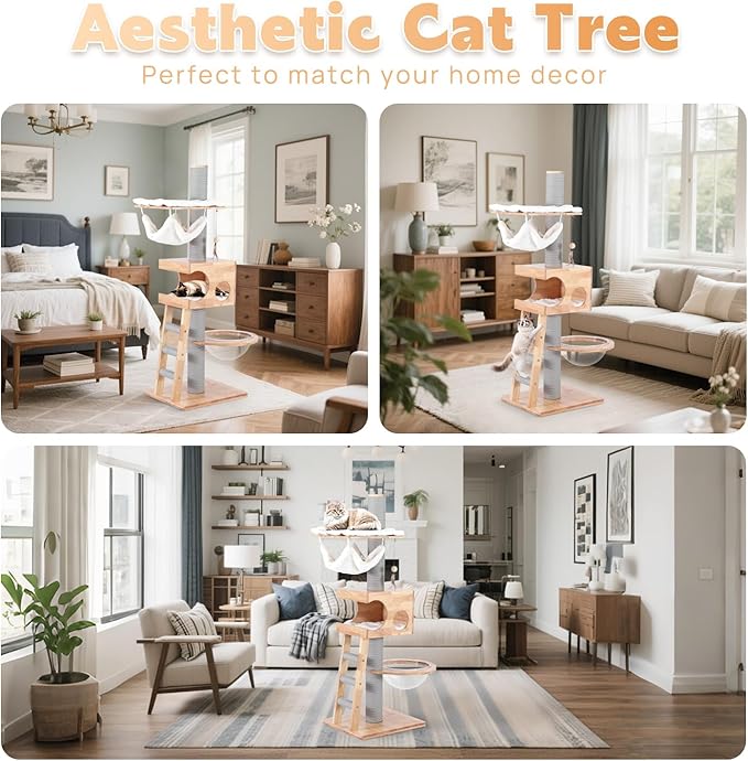63-inch Modern Cat Tree, Luxury Cat Tower with Scratching Post, Unique Cat Condo with Hammock, Heavy Duty Kitty Climbing Tree for Indoor Cat, Wooden Kitty House for Small Medium Large Cats