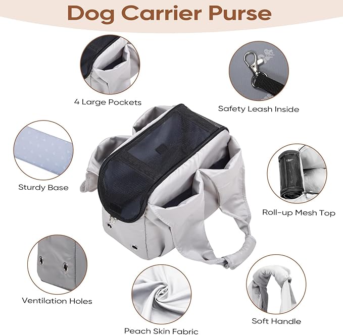 Dog Purse Carrier for Small Dogs, Cats, and Puppies – Soft-Sided Travel Pet Tote Bag with 4 Large Pockets, Foldable, Lightweight, Fits Pets up to 15 lbs, for Travel, Outings (Grey)