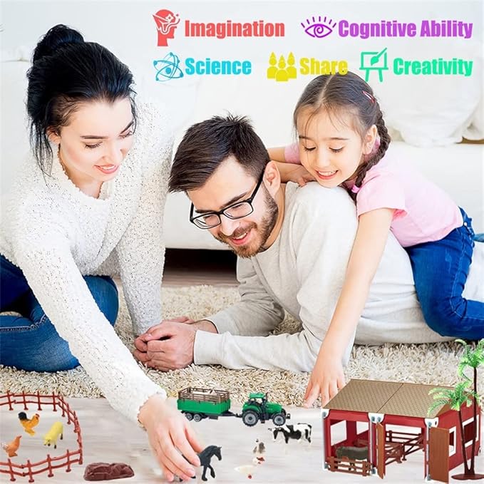 BOLZRA Mini Barn Playset, 66PCS Plastic Animals Figurines and Fence, Farm Figures Farmer Vehicle Toy Truck with Trailer for 3-12 Years Old Kids Boys Girls Toddlers