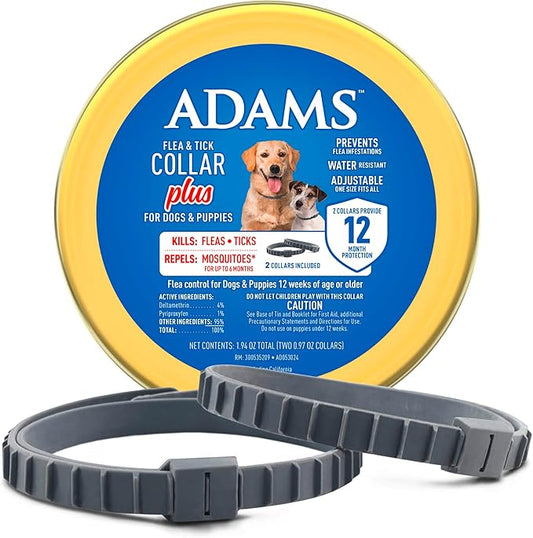 Adams Flea & Tick Collar Plus for Dogs & Puppies |2 Pack |12-Month Protection |One Size Fits All Dogs & Puppies 12 Weeks and Older |Kills Fleas and Ticks |Repels Mosquitoes (excluding California)