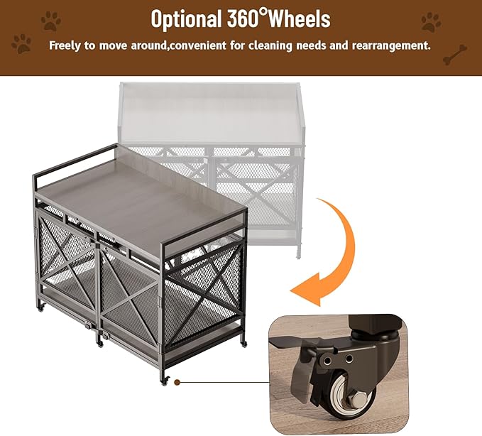 COZPAW Large Dog Crate Furniture, 48 Inch Wooden Dog Kennel for XLarge Dogs, Heavy Duty Dogs Furniture Indoor Wire Dog Cage with Caster Wheels,Decorative Pet House End Table, Textured Gray