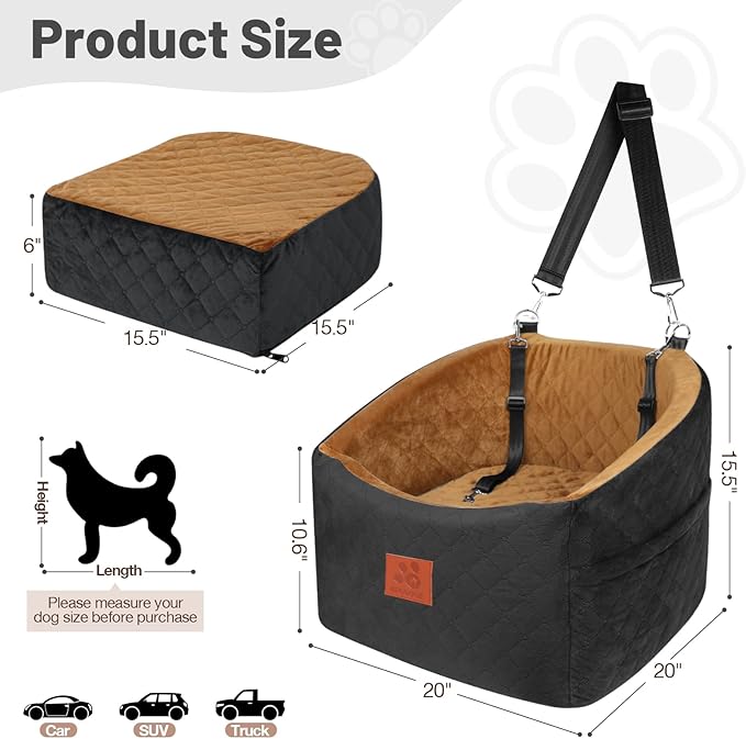 Dog Car Seat for Small Medium Dogs, Memory Foam Booster Car Seat for Dogs up to 35 lbs, Elevated Pet Car Seat, Travel Bed with Washable Removable Cover and Storage Pockets (Black/Coffee)