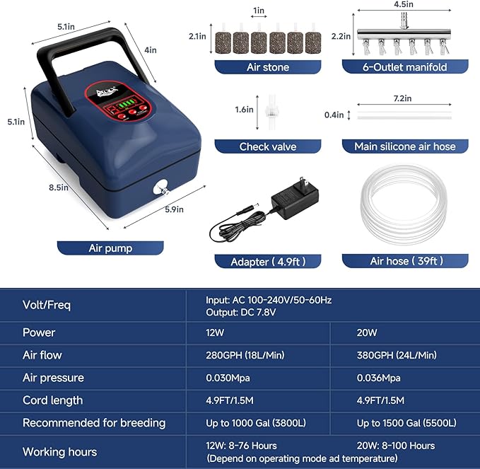 AQQA Aquarium Air Pump,AC/DC Battery Air Pump for Pond Fish Tank,9 Gear Adjustable Air Volume,IPX6 Waterproof Rechargeable Bubbler Aerator for Outdoor Fishing Breed Aquatics (20W)