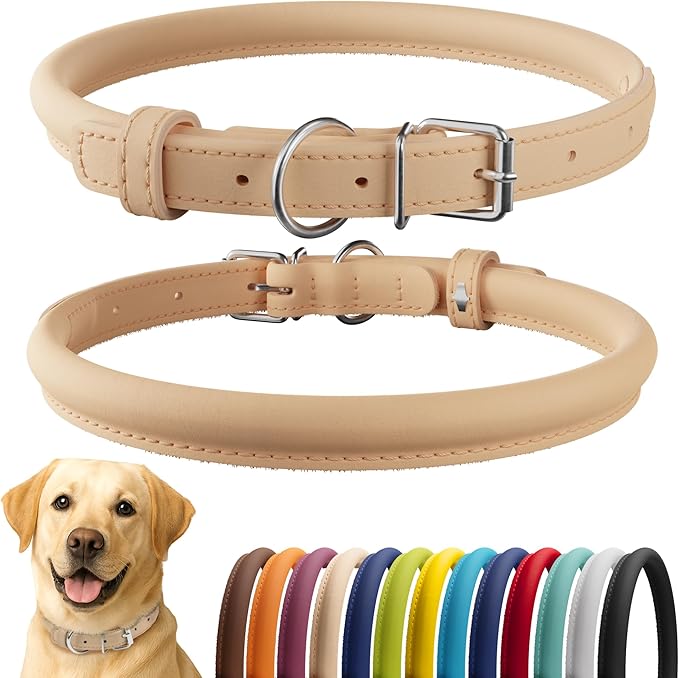 CollarDirect Rolled Leather Dog Collar, Soft Padded Round Puppy Collar, Handmade Genuine Leather Collar Dog Small Large Cat Collars 13 Colors (15-19 Inch, Beige Smooth)