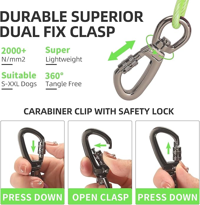 Dog tie Out Cable, 10/20/25/30/50/70/100 feet, Suitable for Dogs up to 350 pounds, Dog Cable with Swivel Buckle, Lightweight, Non-Winding, for Outdoor Camping, Yard Dog Cable (Green, 10FT)