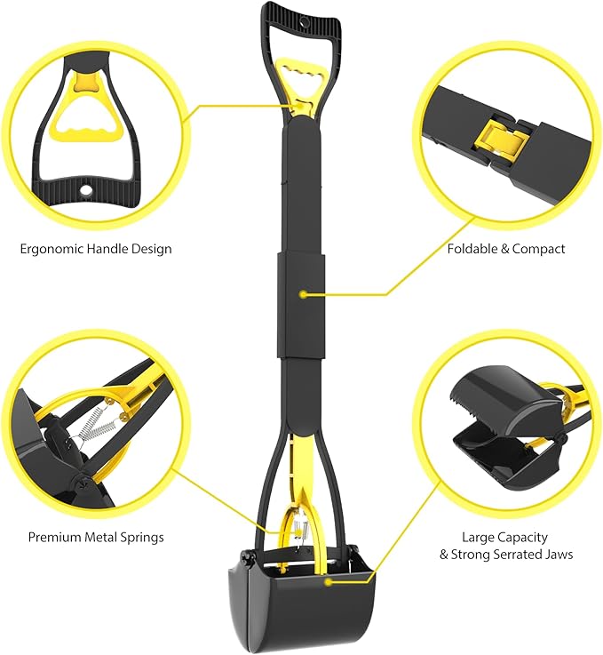 28" Heavy Duty Dog Pooper Scooper for Large Dogs, Extra Long Handle Foldable Poop Pick Up Tool with Durable Spring, Great for Yard, Lawns, Grass, Dirt, Gravel
