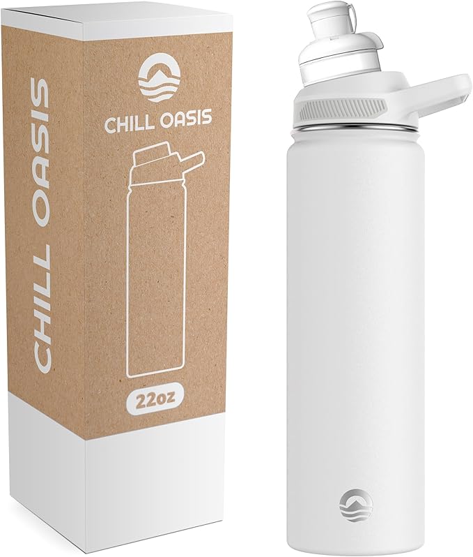 Chill Oasis Water Bottle | Compatible With Popular Flavor Cartridges | BPA Free, Leak Proof, Double-Walled Vacuum Insulated Stainless Steel, and Dishwasher Safe | Cold for 24 Hours (White, 22oz)
