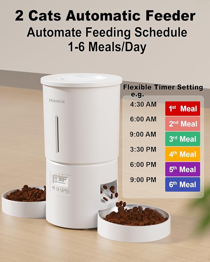 Dual Automatic Cat Feeder 2 Cats,6 Meals/Day,12 Portions/Meal,4.2L Dual Power Double Bowls Feeder,Dry Food Auto Pet Dispenser,10S Voice Record,Flexible Schedule Timer(White,Stainless Dual Bowls)