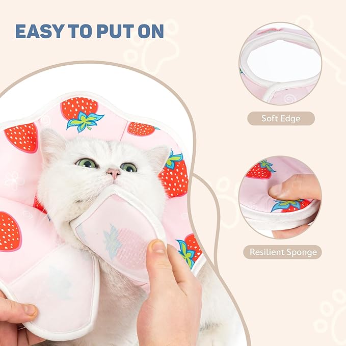 Avont Soft Cat Recovery Cone Collar, Adjustable Lightweight Kitten E-Collar for Small Dogs, Comfortable Neck Donut Stop Licking Scratching After Surgery -Strawberry(M)