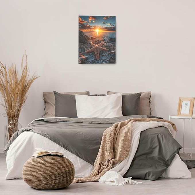 Beach Starfish Wall Decor Ocean Starfish Wall Art Sunset Scenery Coastal Theme Pictures Canvas Nature Seascape Painting Print Framed Artwork Decorations for Home Bathroom Living Room Bedroom Office 16"x20"