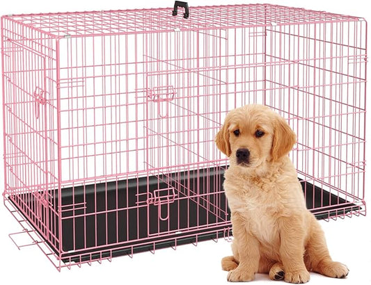 BestPet | Dog Crate | 24" | Pink | Foldable Metal Kennel with Double Doors, Secure Slide-Bolt Latches, Leakproof Tray | Portable Dog Cage for Small Breeds | for Travel, Indoor & Outdoor Use