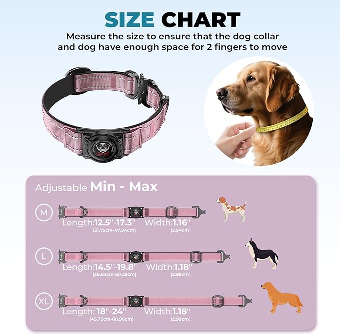 2025 Upgrade Airtag Dog Collar, Reflective Dog Collar with Airtag Holder, IP68 Waterproof| Metal Buckle| Ultra-Durable| Comfortable Padded, GPS Dog Collars for Medium Large Dogs (Pink,M)
