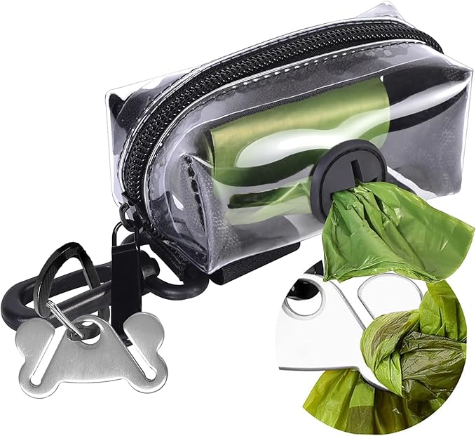 Clear Metal Dog Waste Bag Dispenser & Holder - Portable, 1 Hand Free, Fits Leash Accessory, Set Includes Dog Poop Bags