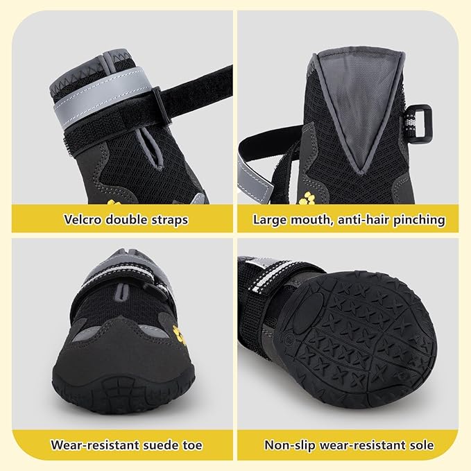 Dog Shoes, FISHOAKY Dog Shoes for Large Dogs, Mesh Breathable Dog Boots & Paw Protectors for Summer Hot Pavement Winter Snowy, 360°Anti Slip 4Pcs Dog Booties with Reflective Black (Size 8)