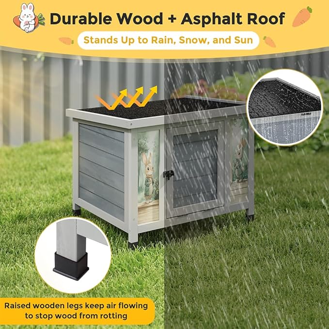 COZIWOW 24in Wooden Cat House Outdoor & Indoor Pet Shelter with Foldable Ramp - Weatherproof Rabbit Hutch with Unique Machine-Printed Art Designs for Cat, Rabbit, Guinea Pig (Grey)