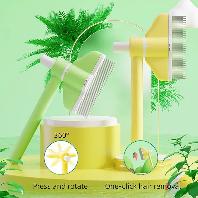360° Press and Rotate Flea Comb for Cats and Dogs - Self-Cleaning Pet Hair Removal Tool with Release Button & Long-Short Stainless Steel Teeth for Shedding (Green and Yellow)