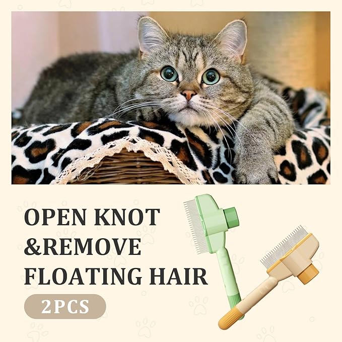 2-Pack Pet Hair Removal Comb & Flea Comb with Release Button for Cats & Dogs - Grooming Brush for Short/Long Hair Green & Yellow