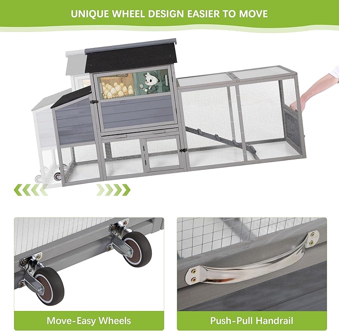 COZIWOW 82" Large Wooden Chicken Coop, Outdoor Rabbit Hutch with Wheels, Sunshine Board, Asphalt Roof, Ramp, Openable Top, Door, Window, Pull-Out Tray, Indoor Bunny Cage (Gray with Pattern)