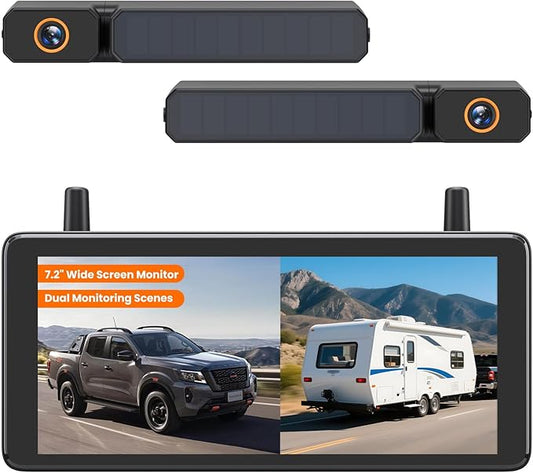 AUTO-VOX 2 Solar Wireless Backup Camera System with Two Cameras (License Plate & Portable): 7.2” 1080P HD Dual Channel Monitor, IP69K Waterproof Back up Camera for Truck,RV,Camper,Horse/Boat Trailer