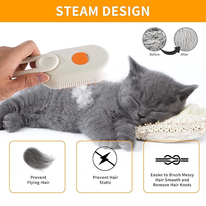 Cat Steam Brush - 3 in 1 Spray Pet Comb for Shedding, USB Rechargeable Pet Hair Removal, for Cats, Cat Grooming Brush, for Kittens and Puppies, Massage and Remove Loose Hair