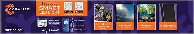 Coralife Fish Tank Aquarium Seascape WiFi/Bluetooth Smart LED Light Fixture, 30-36"
