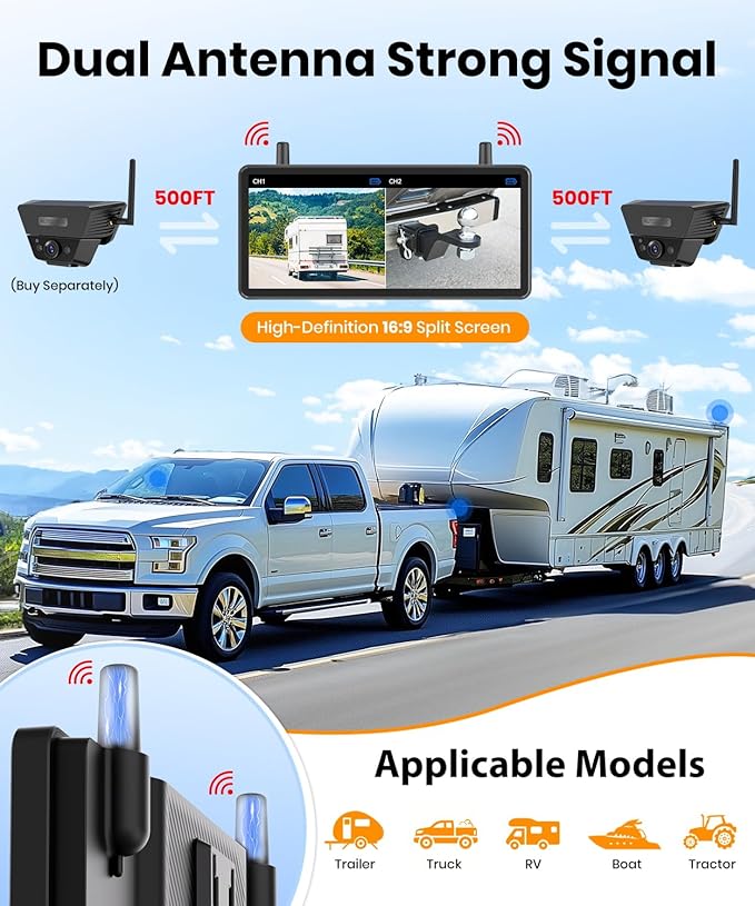 AUTO VOX Wireless Backup Camera Solar Magnetic: with 7.2" DVR 1080P 2 Split Recording Monitor, Dual Antenna Stable Signal,IP69K & 1-Min Install,HD IR Night Vision for Truck, Trailer, RV, Camper
