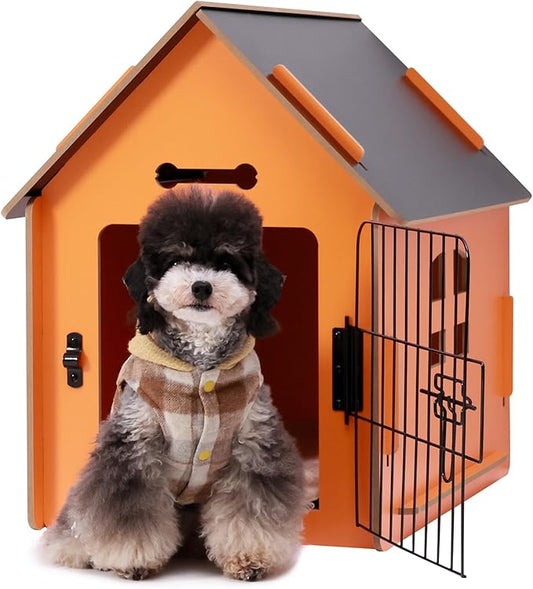 Dog House Indoor for Small Dogs or Cats, Cozy Wooden Design, Small Indoor Bed House, with Air Vents and Elevated Floor Warm Dog Cave (Orange)