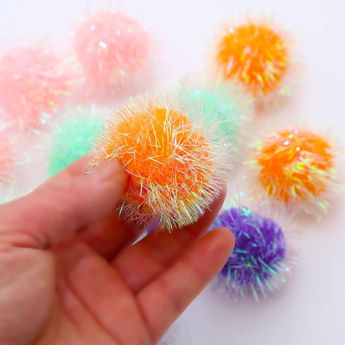 Cat Pom Pom Sparkle Fuzzy Balls 2 Inches Interactive Cat Toy Assorted Color 12 Pack