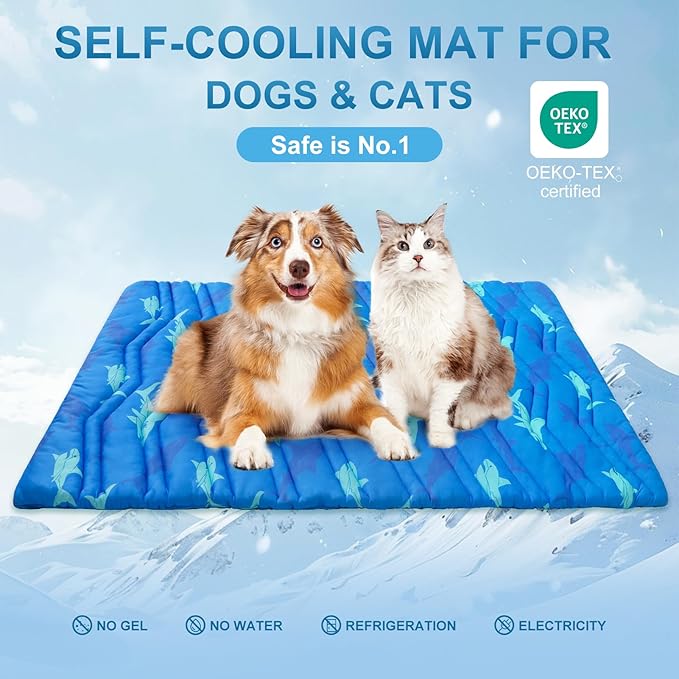 BEAUTYZOO Dog Cooling Mat- Upgraded Thicken Cooling Mat for Large Dogs Reversible(Cool & Warm) Pet Ice Cool Bed Washable & Portable, Summer Crate Pad for Big Dog Puppy Up to 80 lbs, Shark Blue 48X28IN