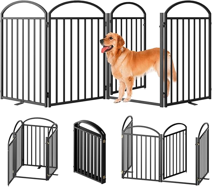 4 Panles Full Matel Freestanding Dog Gates with Door, 96"Extra Wide 32"Tall Free Standing Dog Pet Gate for Indoor & Outdoor. Foldable Pet Fences for Doorways, House, Stairs, Porch, Deck, Yard