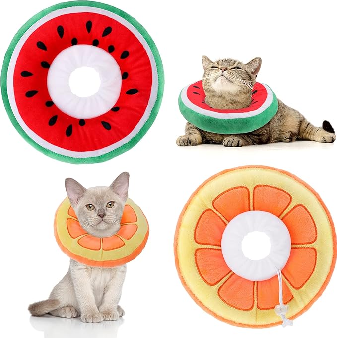 2 Pcs Adjustable Cat Cone Collar Soft Small Cute Cat Recovery Donut Collar After Surgery Orange Watermelon Elizabethan Kitten Neck Cones for Small Dogs Pet, Fruits Shaped, Under 7 lbs