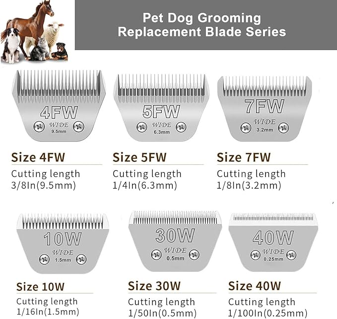 4PCS Wide Blades for Dog Grooming Blades Compatible with Andis,Oster A5,Wahl km10 Dog Clippers,Detachable Stainless Steel Dog Clipper Blades (10W+30W+5FW+7FW)