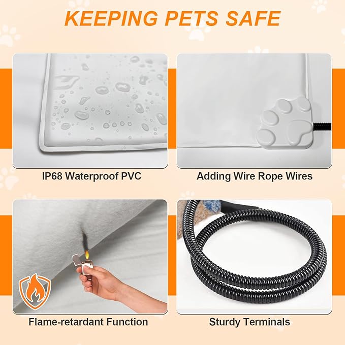 Dog Heating Pad，47×30 in Waterproof PVC Large Heating Pad for Dogs，Smart Thermostat Heated Dog House，Reinforced Interface + Wire Rope Whelping Box for Dogs,Plush Fabric Cover-Apricot