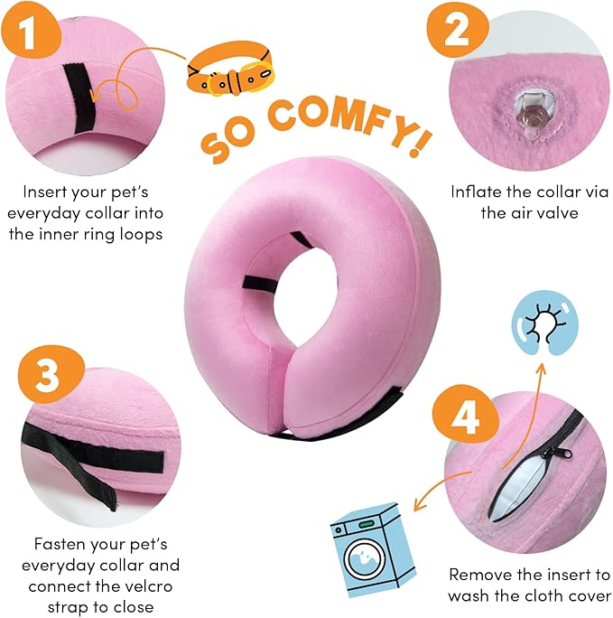 BENCMATE Inflatable Dog Cone Collar Alternative, Soft Dog Cone for Small Medium Large Dogs and Cats, Neck Recovery ECollar Donut Collar After Surgery (Small, Pink)