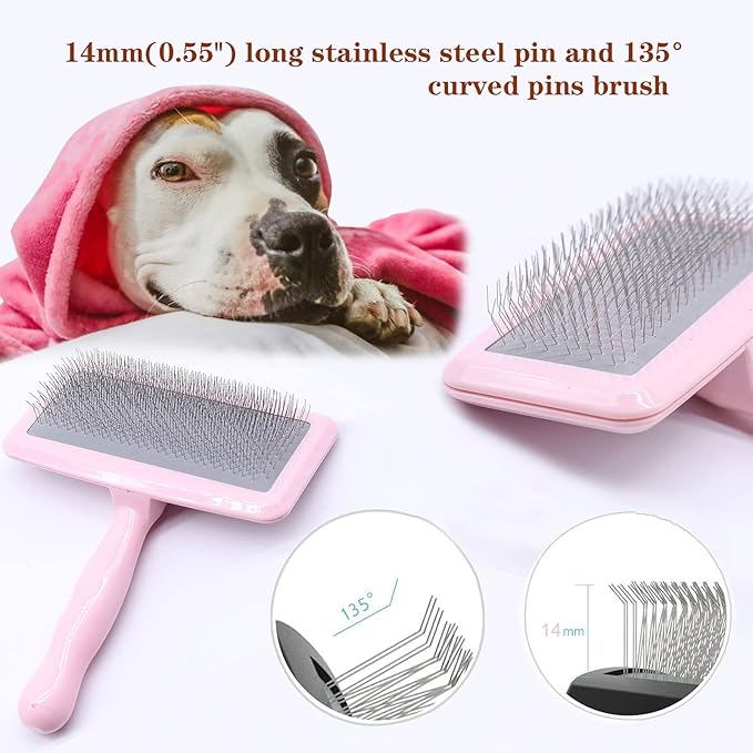 Air Cushion Slicker Brush for Dogs Cats,Soft Pin Shedding Brush for Short Haired Dog,Cat, Pet Grooming Wire Brush for Thin Curly Matted Tangled Hair,14mm(0.55"),Pink