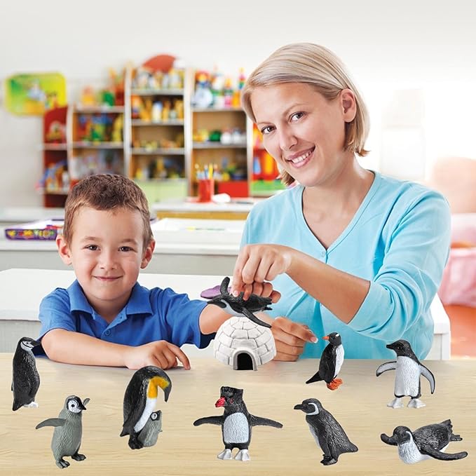 11PCS Penguin Toys, Plastic Arctic Animal Penguin Figures for Kids, Realistic Polar Animals Penguin Figurines Set with Igloo Model, Cake Topper Winter Miniature Toys Decoration