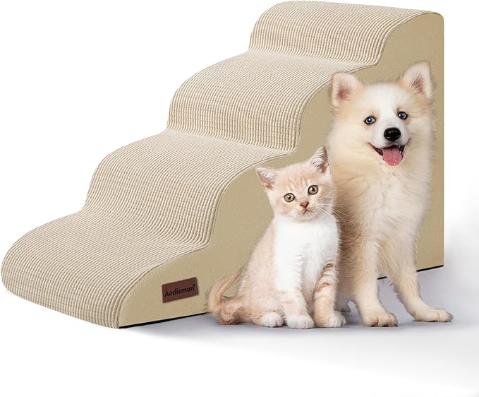 4-Step Dog Stairs and Ramp for Beds or Couches,Non-Slip Sturdy Pet Steps for Small Dogs and Cats,17.4" H,Beige